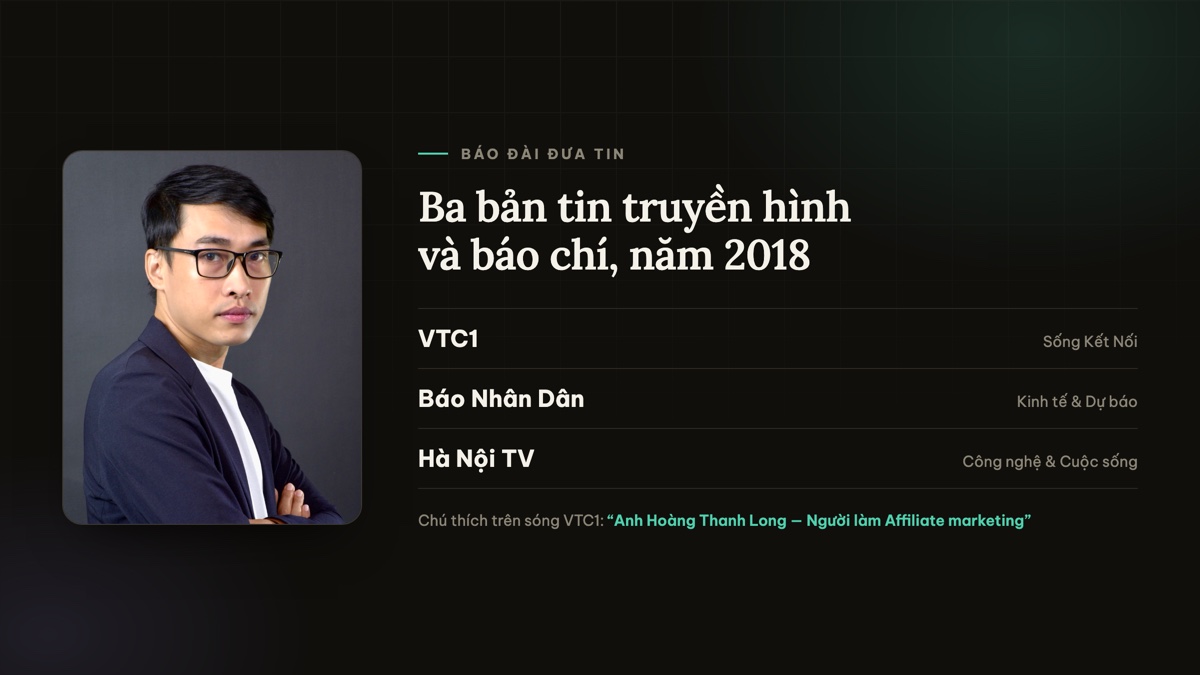 Ba bản tin năm 2018 về Hoàng Thanh Long: VTC1 chương trình Sống Kết Nối, Báo Nhân Dân chương trình Kinh tế và Dự báo, Hà Nội TV chương trình Công nghệ và Cuộc sống