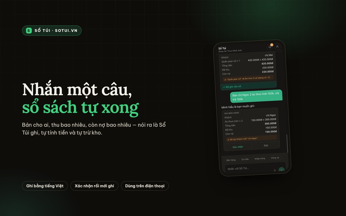 Sổ Túi — nhắn một câu, sổ sách tự xong: màn hình xác nhận đơn hàng trên điện thoại