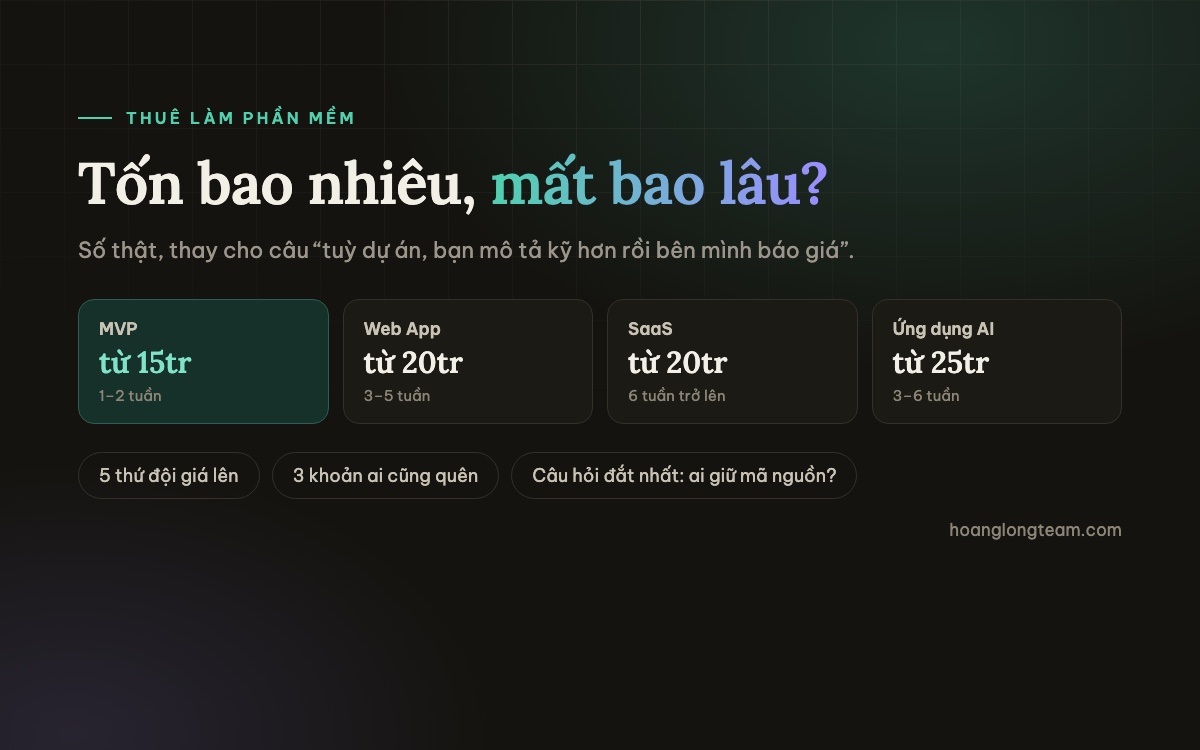 Làm phần mềm riêng tốn bao nhiêu — MVP từ 15 triệu, Web App từ 20 triệu, ứng dụng AI từ 25 triệu