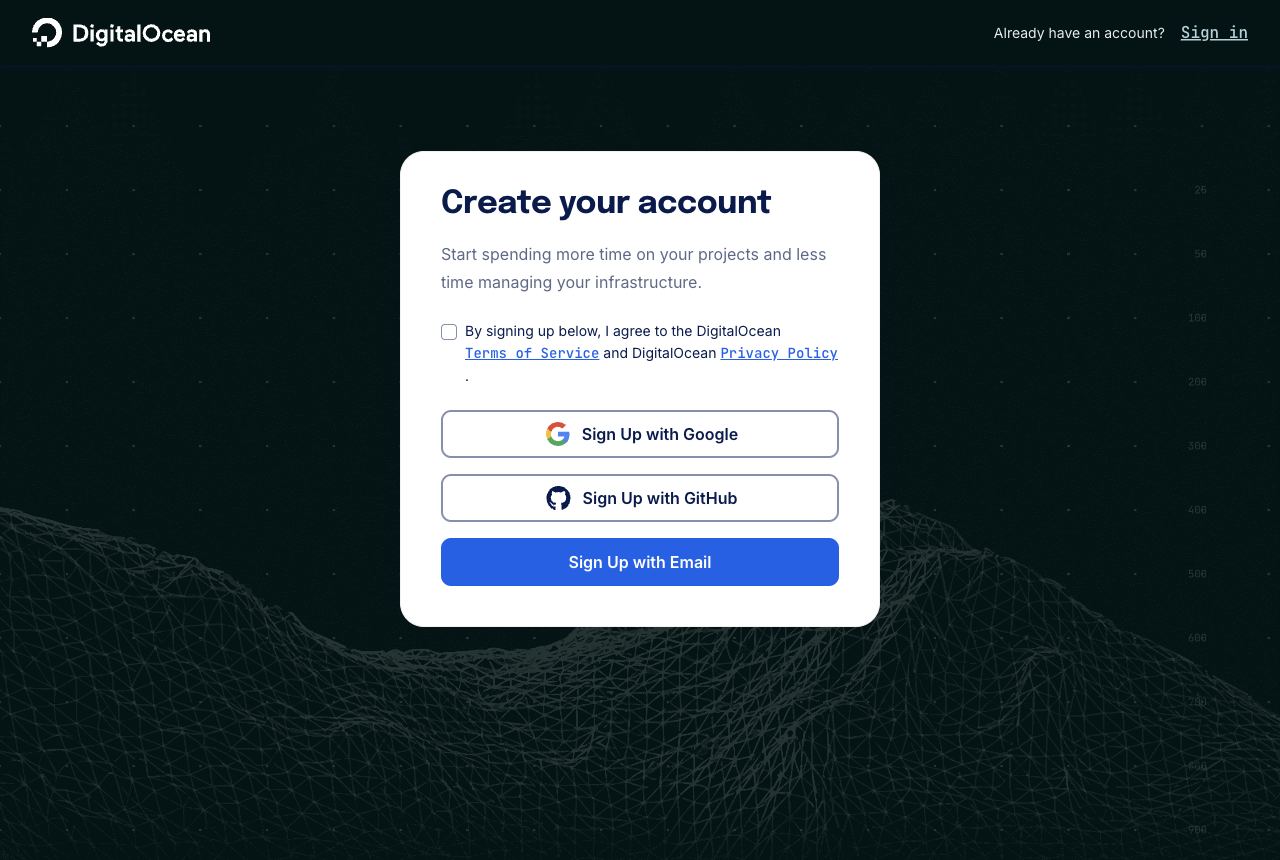 DigitalOcean — bước 2: Tạo tài khoản