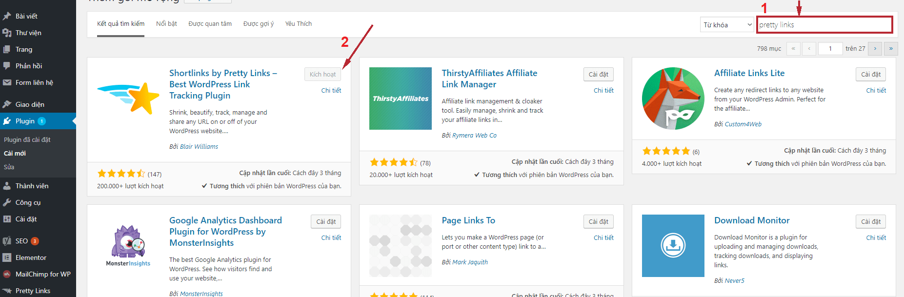 cài đặt plugin pretty link