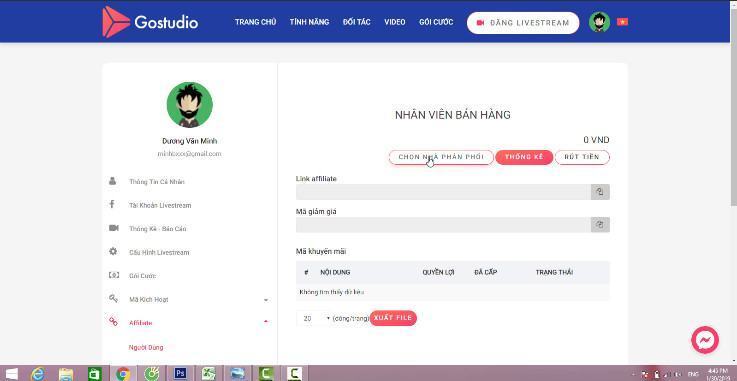 Giao diện mục Affiliate Gostudio