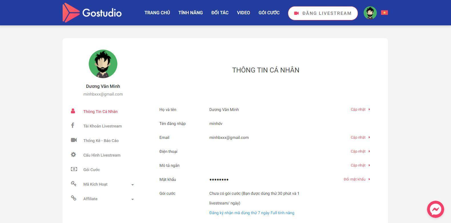 Hình ảnh giao diện sau khi đăng nhập tài khoản Gostudio