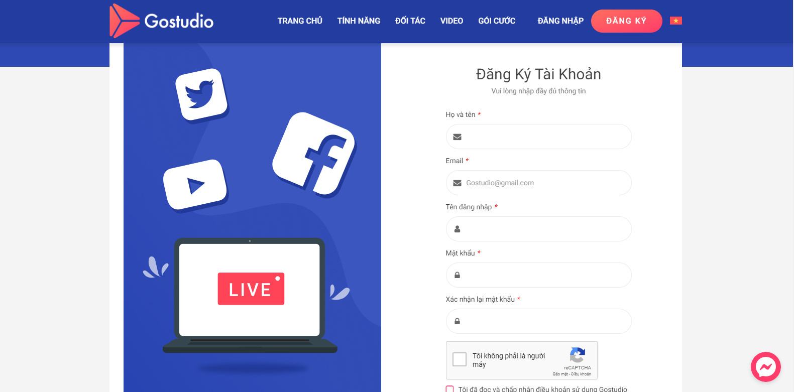 Hình ảnh trang điền thông tin đăng ký tài khoản Gostudio
