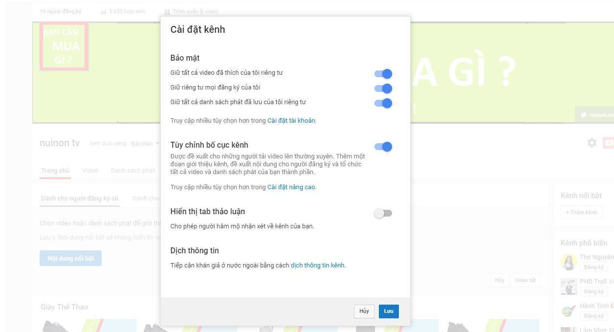 Hình ảnh bảng cài đặt kênh Youtube