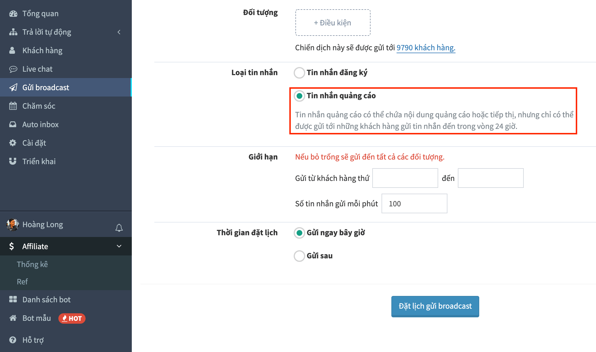 Chọn tin nhắn quảng cáo tại Ahachat