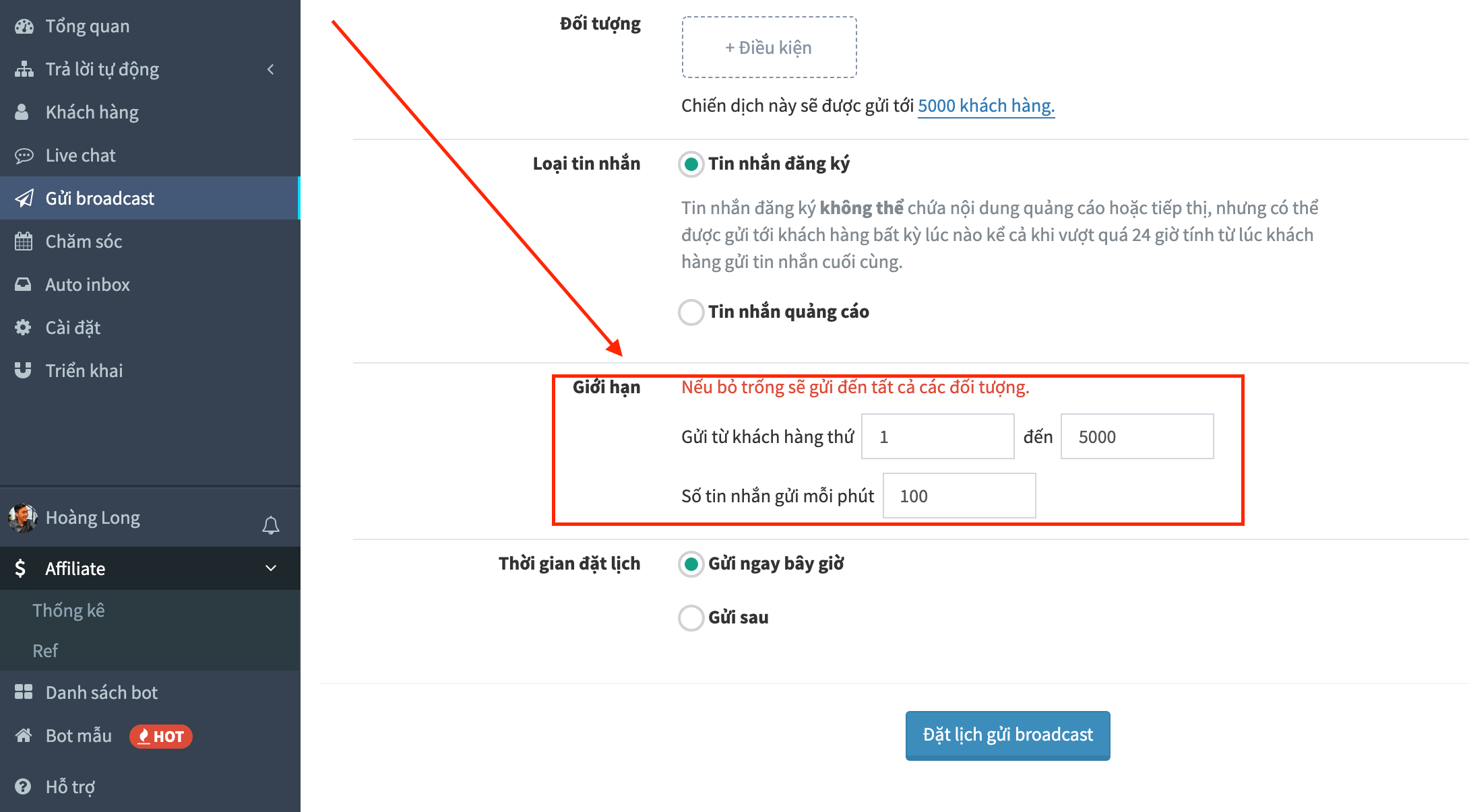Chia nhỏ số người nhận tin tại Ahachat