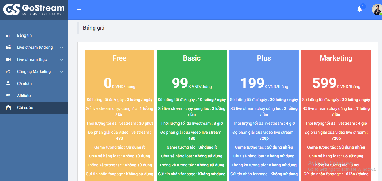 Các gói dịch vụ tại Gostream vô cùng hấp dẫn