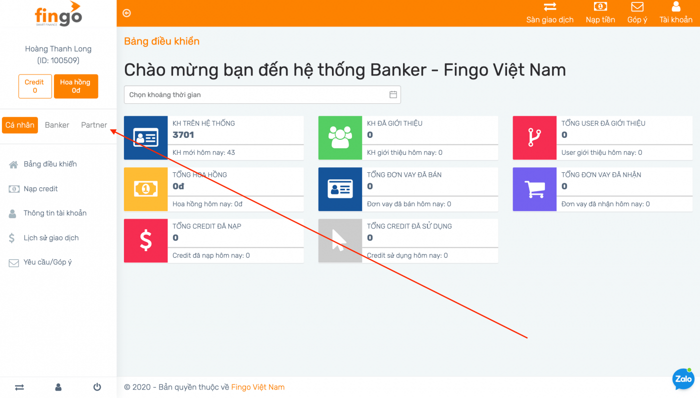 Giao diện Banker của sàn tài chính Fingo.vn