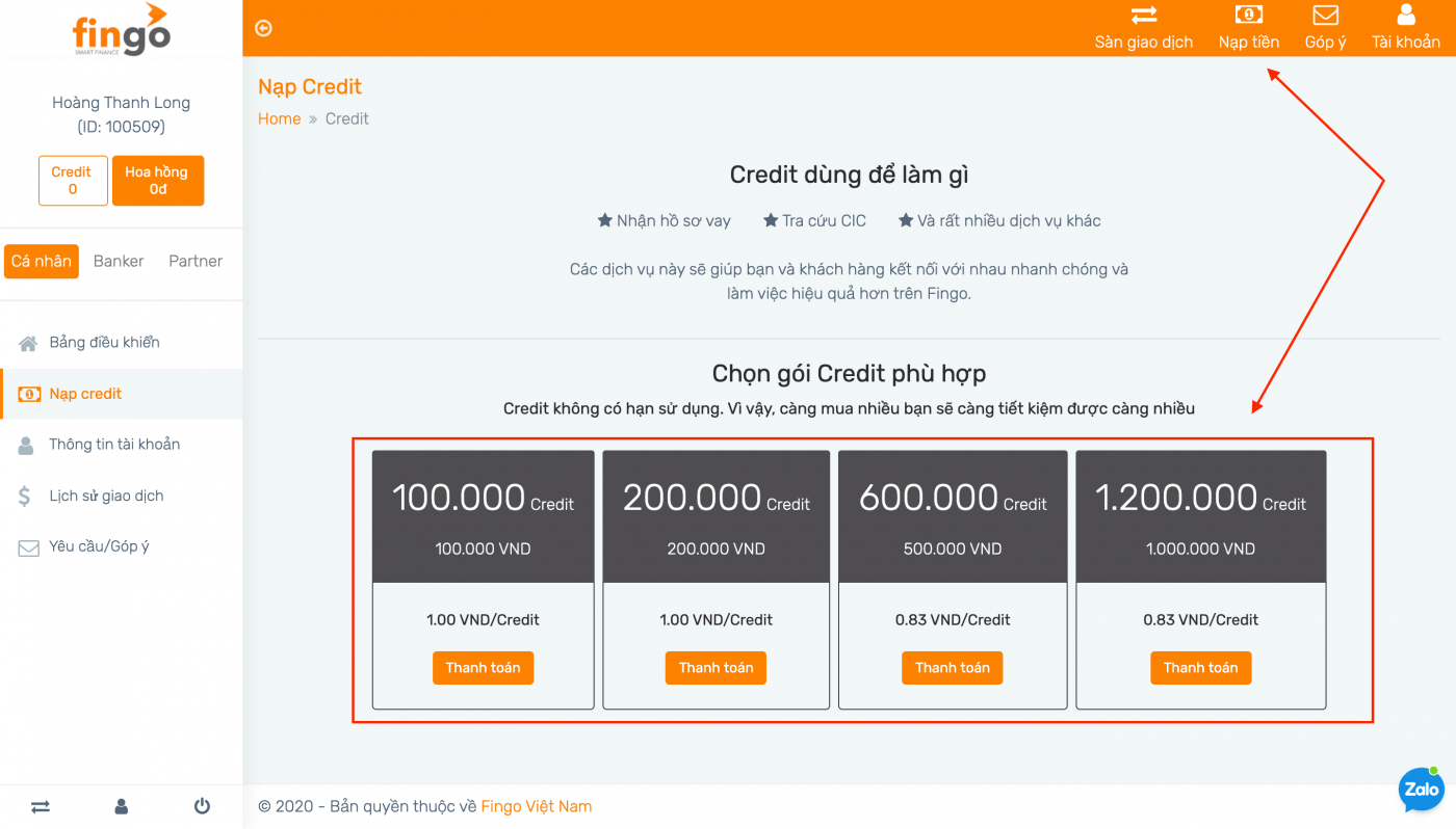 Nạp tiền vào Fingo để Banker giao dịch trên sàn
