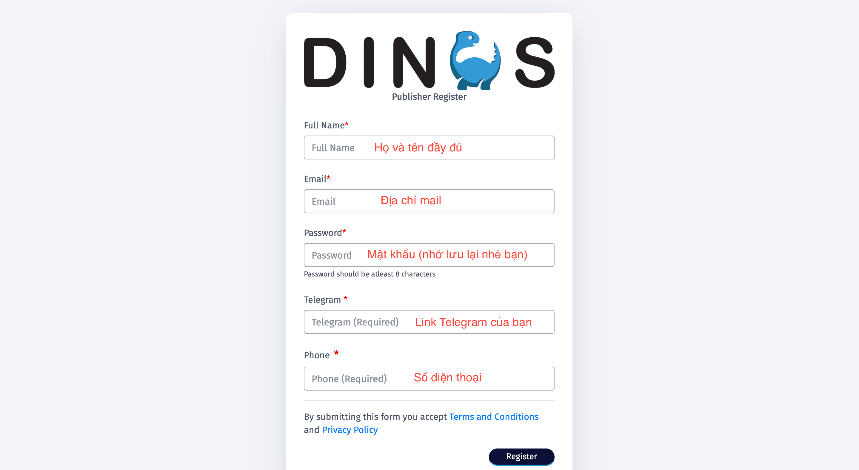 Đăng ký tài khoản Dinos
