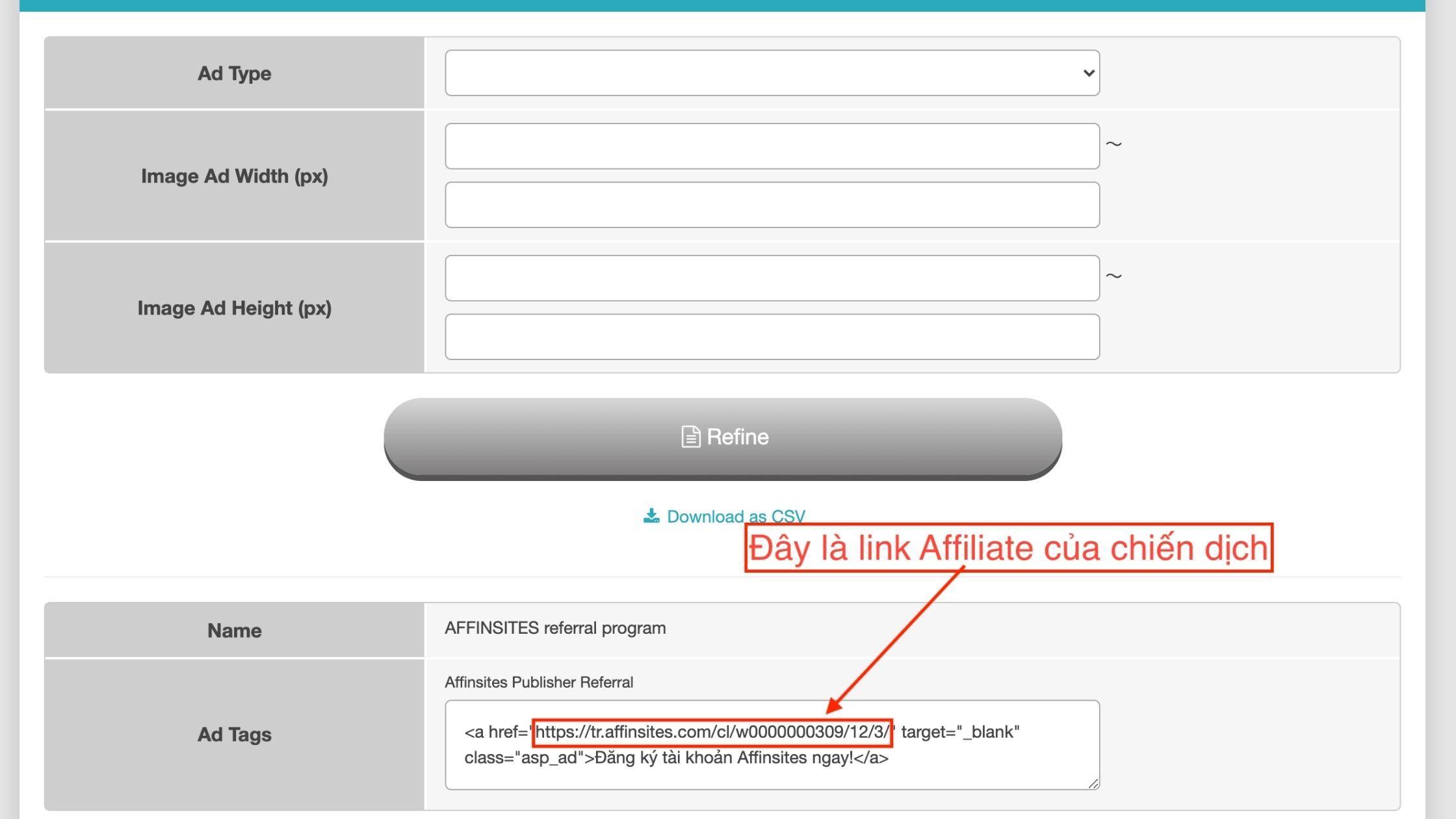Lấy link Affiliate tại AFFINSITES