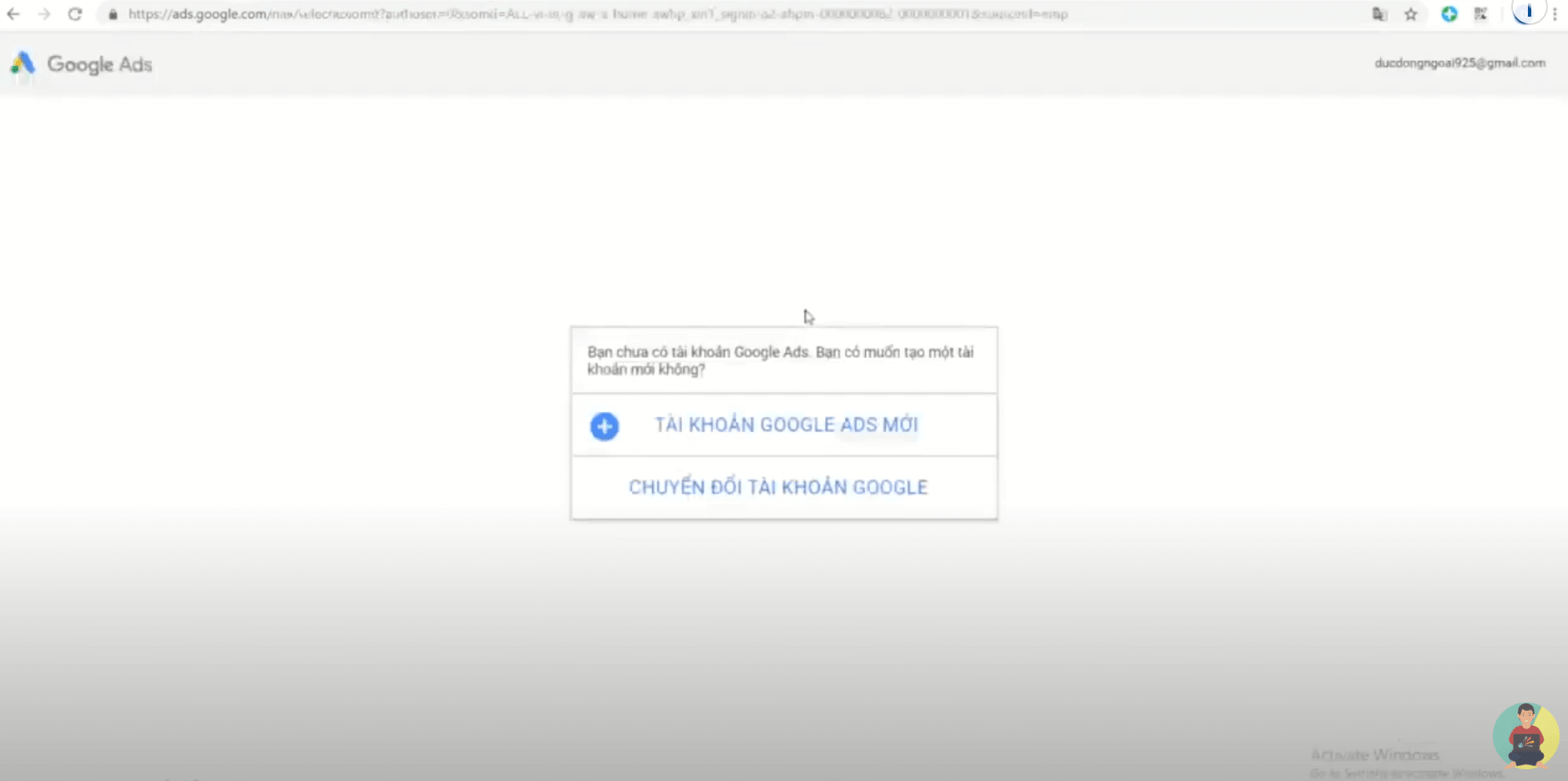Click tạo tài khoản Google Ads mới