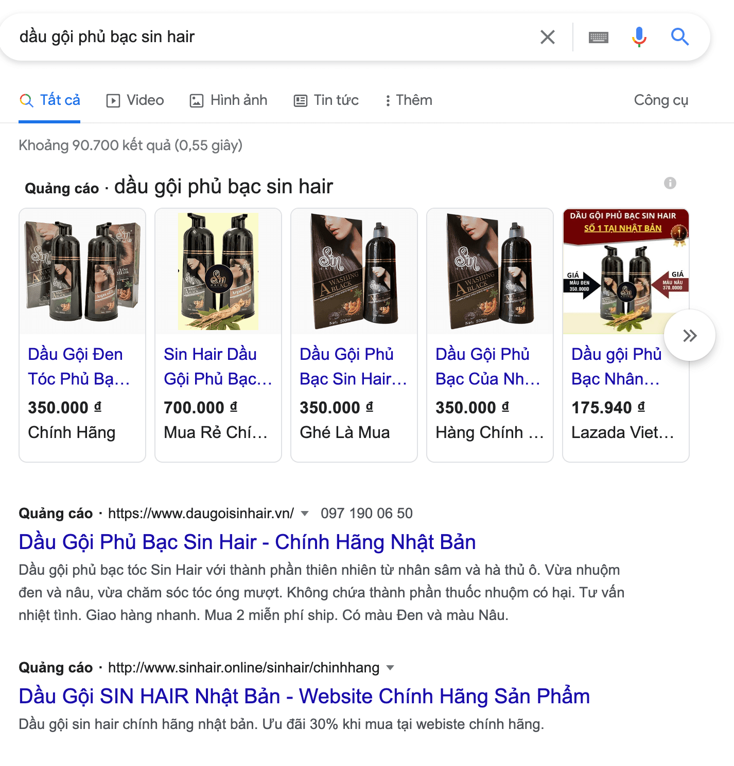 Quảng cáo dầu gội phủ bạc Sin Hair trên Google