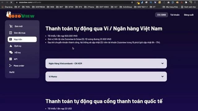 Nạp tiền trên ZozoView
