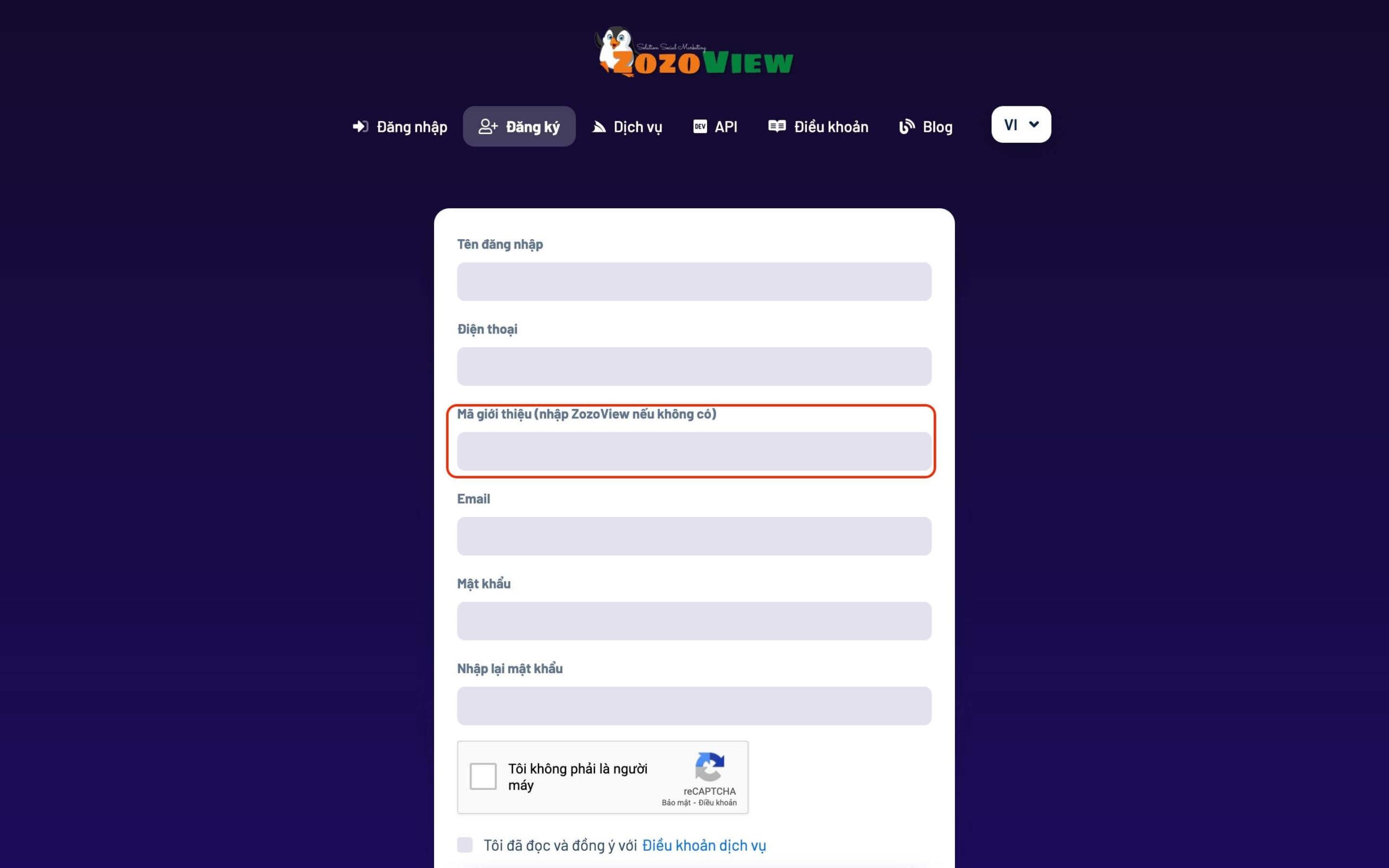 Nơi điền mã giới thiệu