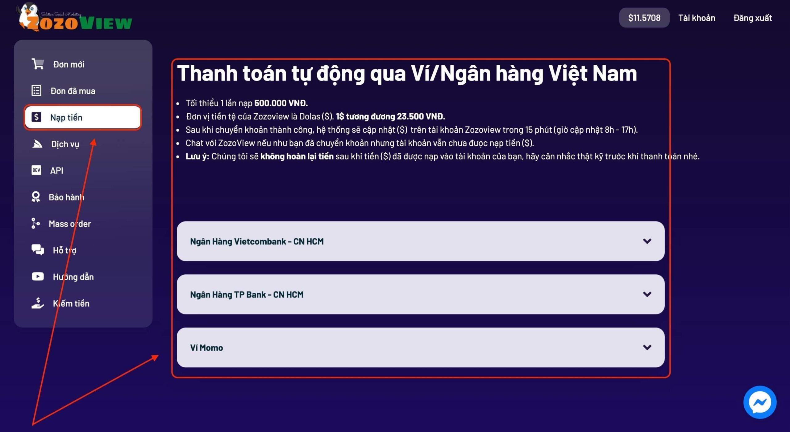 Nạp tiền vào Zozoview để mua follow Shopee