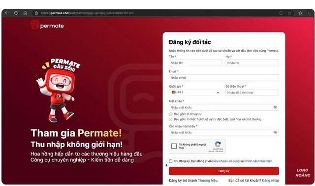 Form đăng ký tài khoản đối tác tại Permate 