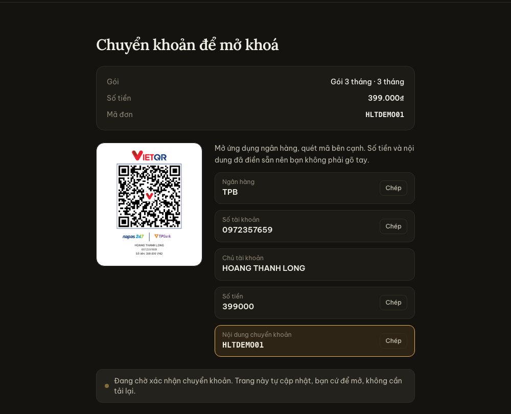 Trang thanh toán với mã QR ngân hàng đã điền sẵn số tiền và mã đơn