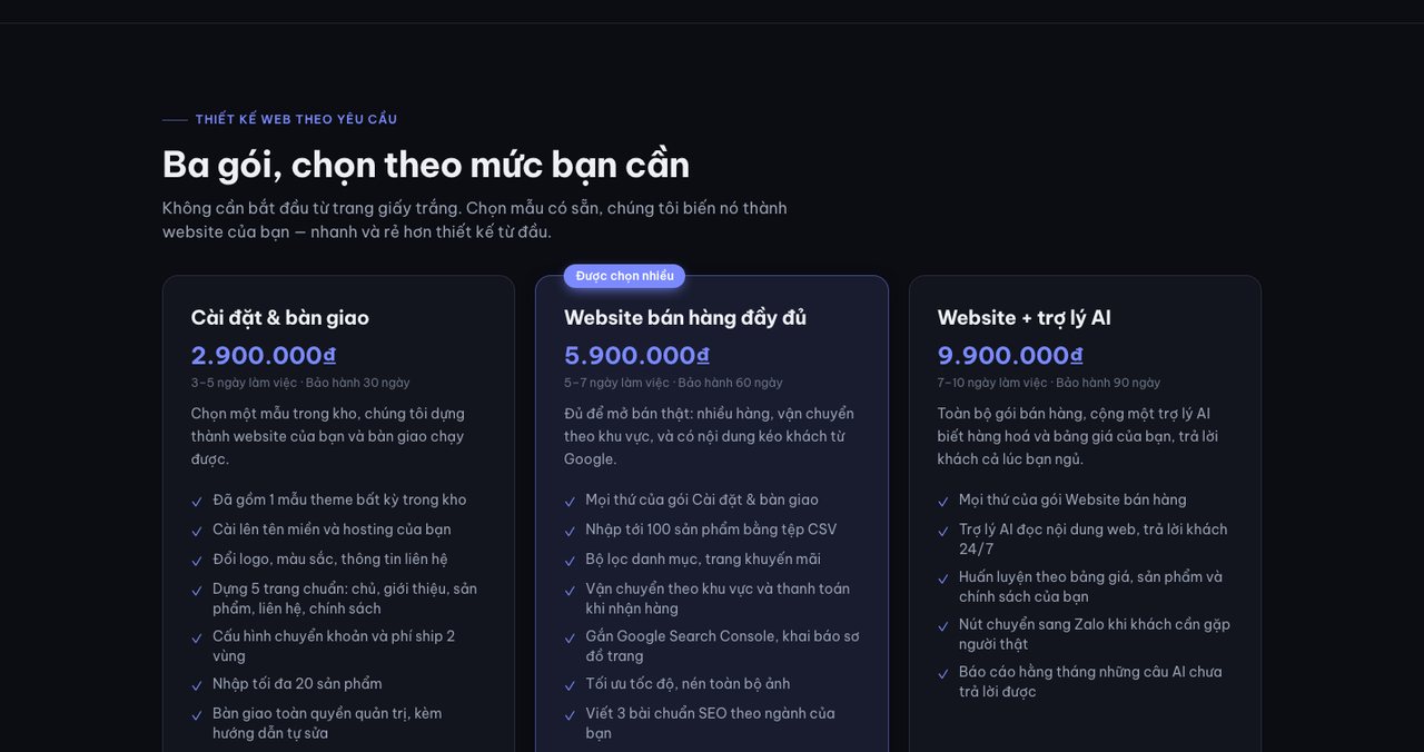 Ba gói dịch vụ thiết kế website của Kho Theme WordPress và mức giá từng gói