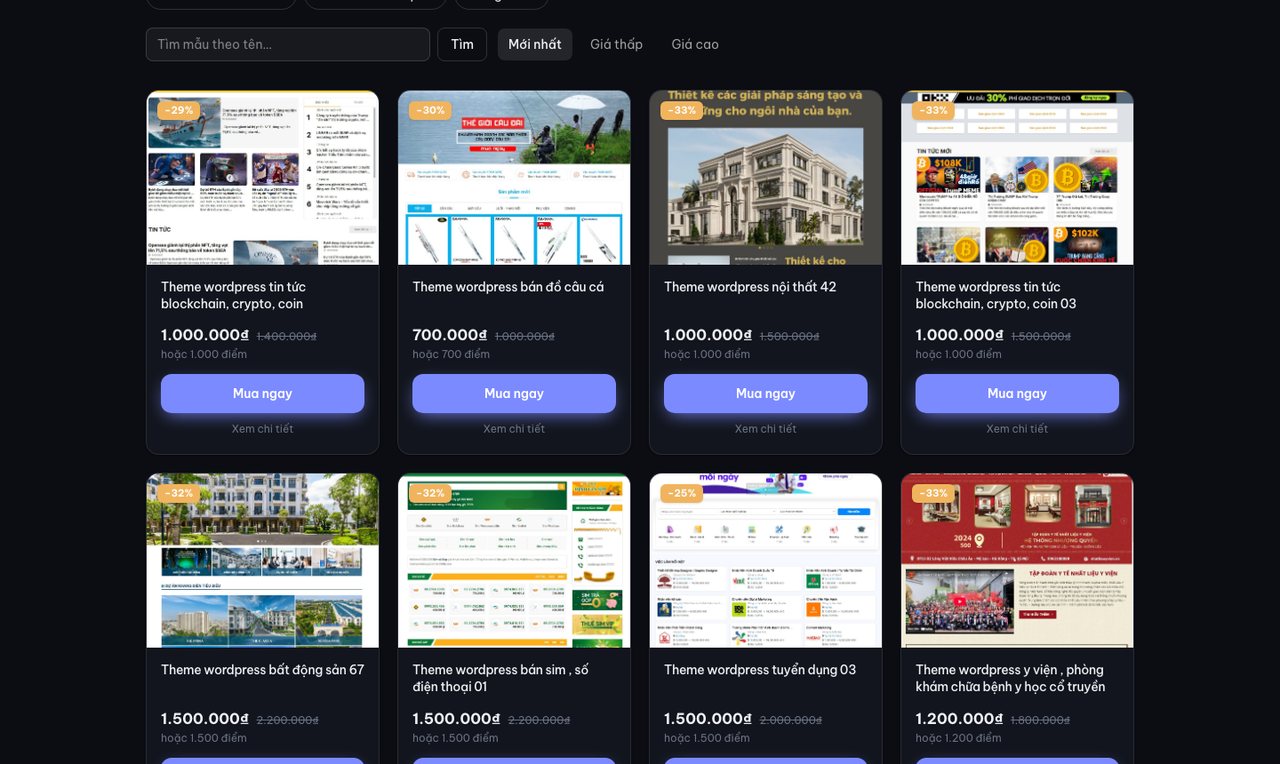 Danh mục mẫu theme WordPress kèm giá bán và nút xem demo trực tiếp
