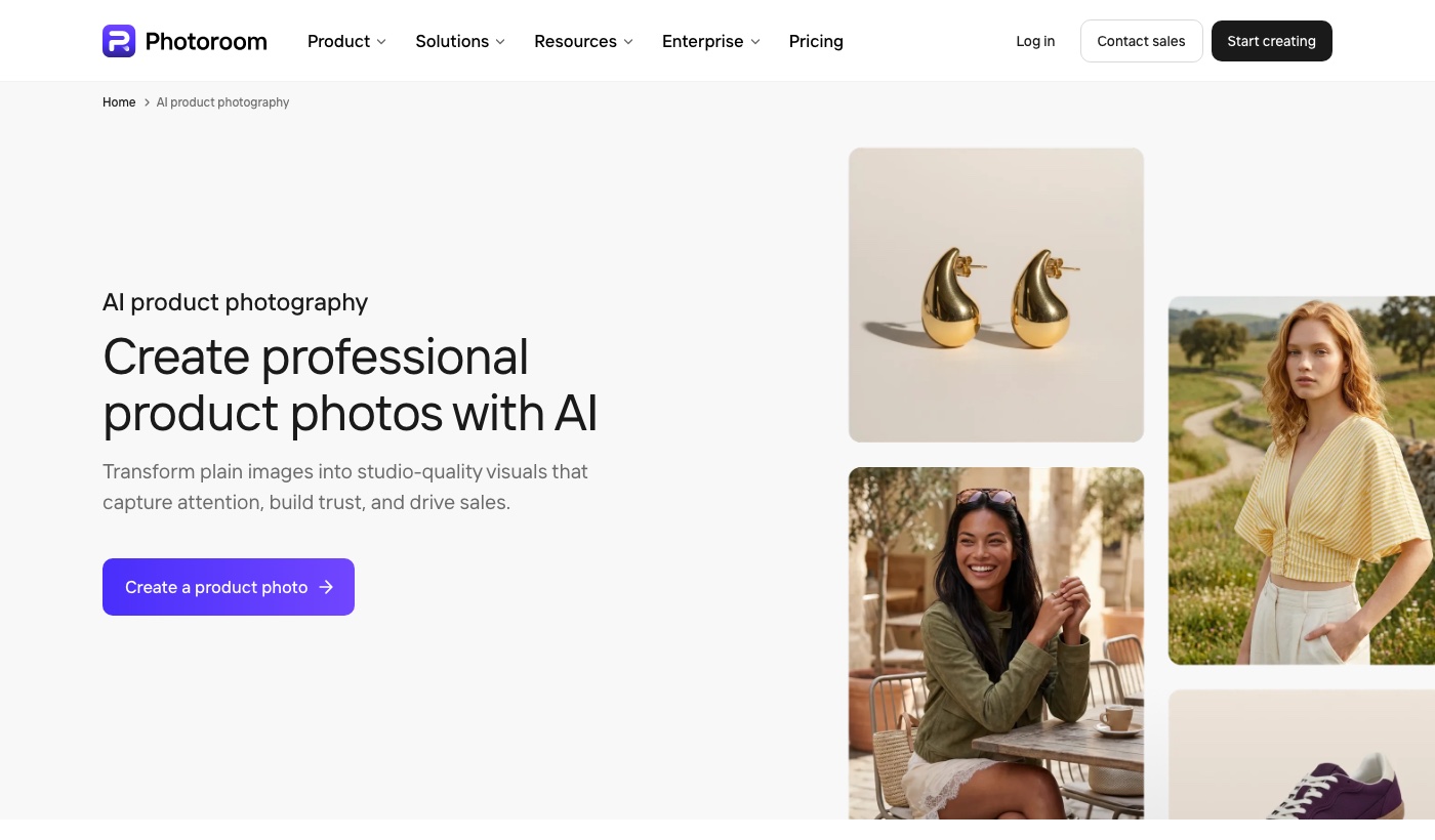 Trang giới thiệu tính năng chụp ảnh sản phẩm bằng AI của Photoroom, mô tả bằng kết quả chứ không bằng công nghệ