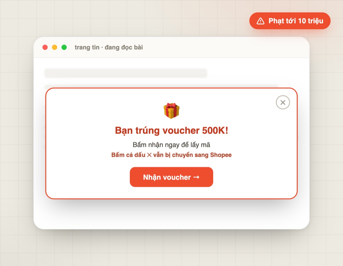 Pop-up voucher giả che nội dung bài, bấm dấu X vẫn bị chuyển sang Shopee