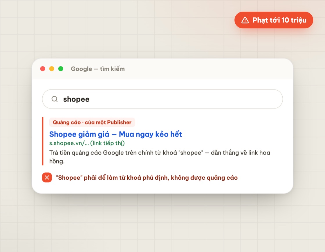 Quảng cáo từ khoá thương hiệu Shopee dẫn về link tiếp thị liên kết