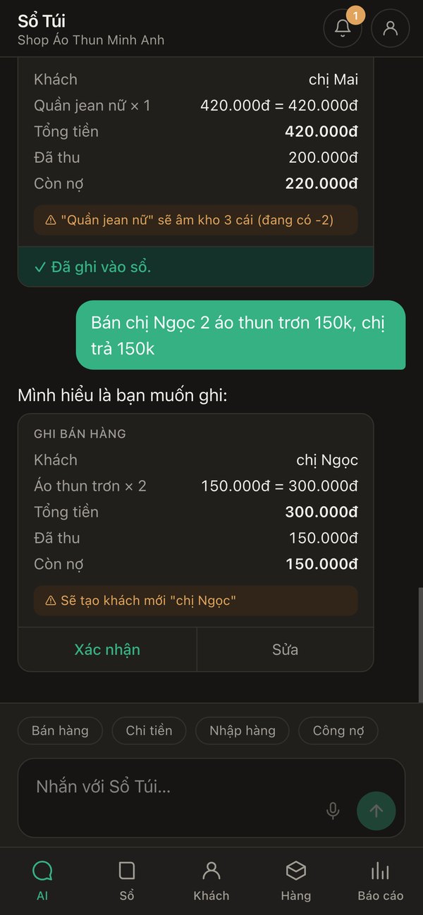 Màn hình Sổ Túi hiện thẻ xác nhận đơn hàng: chị Ngọc, áo thun trơn 2 cái, tổng 300.000đ, đã thu 150.000đ, còn nợ 150.000đ