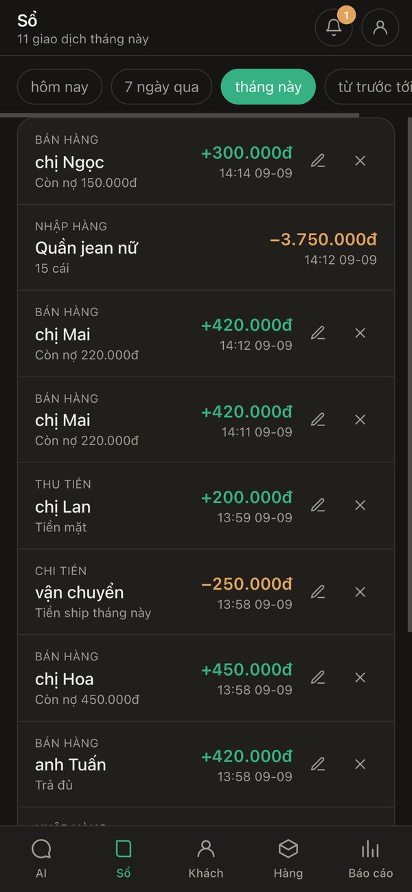 Trang Sổ của Sổ Túi liệt kê 11 giao dịch trong tháng: bán hàng, thu tiền, chi tiền, nhập hàng