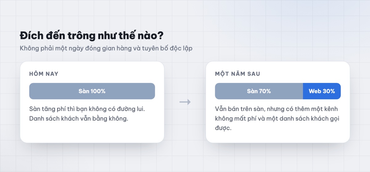 So sánh trước và sau: hôm nay 100% doanh thu từ sàn, một năm sau 70% sàn và 30% website riêng