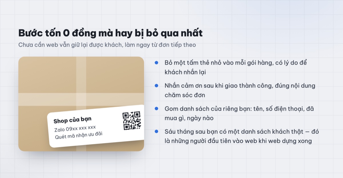 Tấm thẻ nhỏ kèm mã QR bỏ trong gói hàng để khách liên lạc lại với shop
