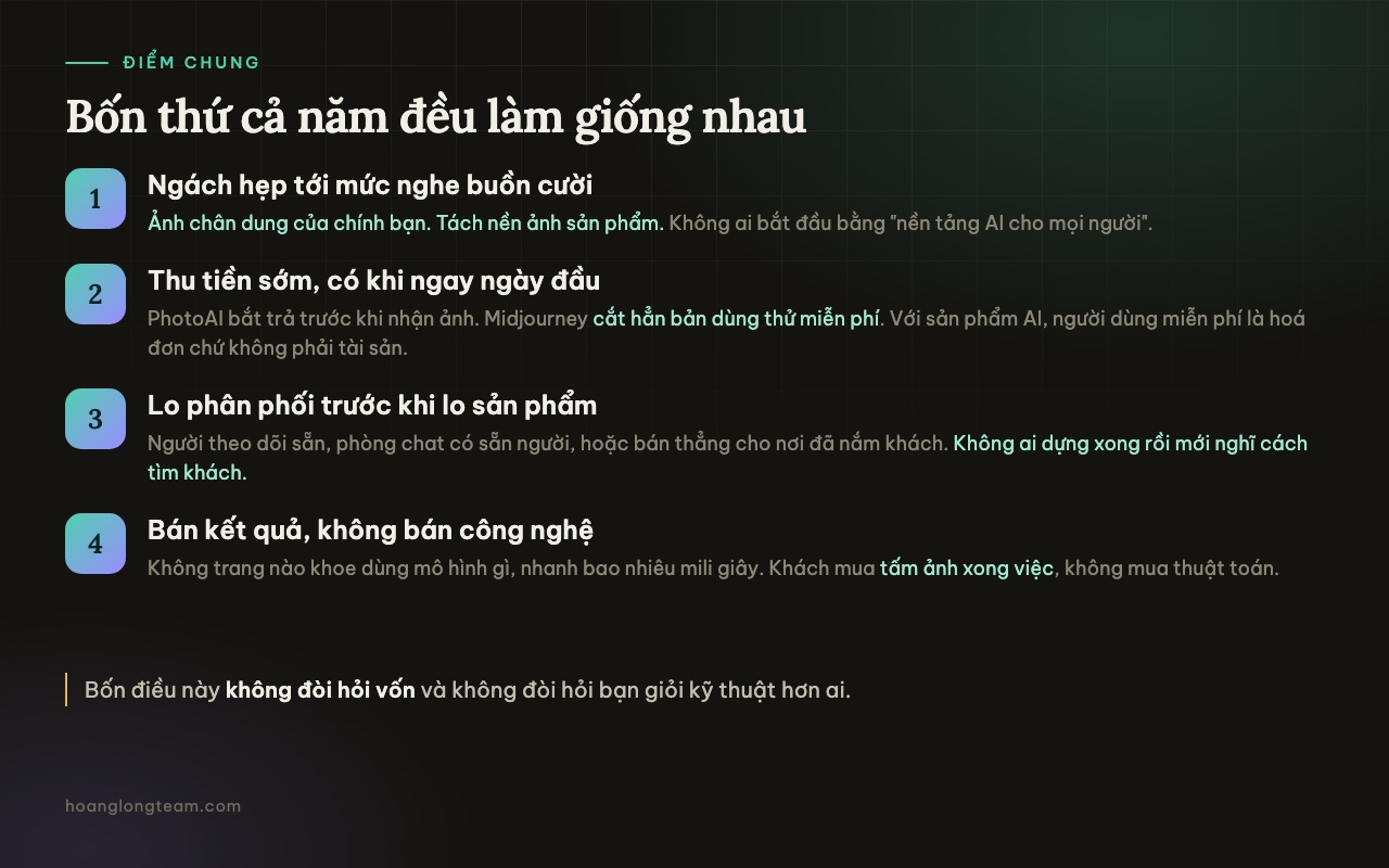 Bốn điểm chung: ngách hẹp, thu tiền sớm, lo phân phối trước khi lo sản phẩm, bán kết quả chứ không bán công nghệ