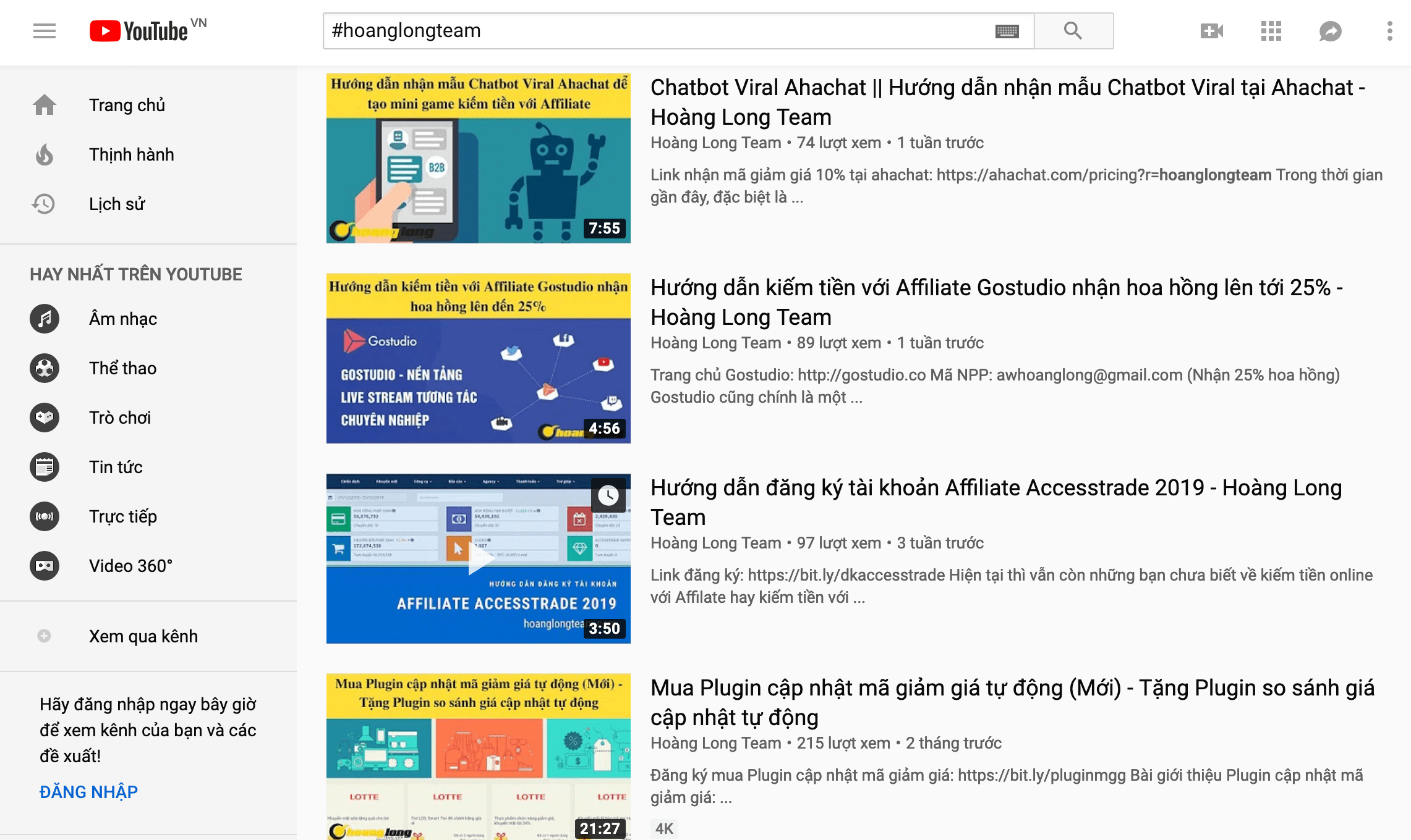 Youtube hiển thị video khi click vào hasgtag